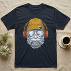 Snapping Turtle Headphones T-Shirt in Navy — Engraved alligator snapping turtle with spiked skin and hooked beak, in a beanie and headphones, swamp reflection.