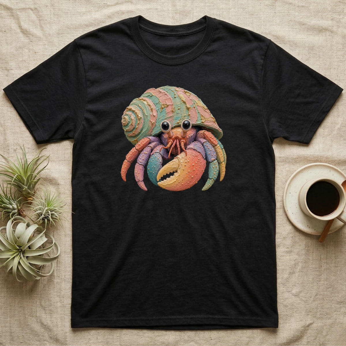 Black t-shirt with a colorful cartoon hermit crab graphic.