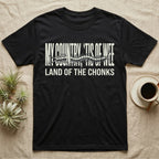 Centipede Land Of Chonks T-Shirt in Black — Black-and-white woodcut centipede across distressed text reading My Country Tis of Wee, Land of the Chonks.