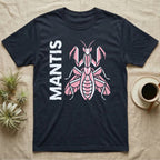 Dark t-shirt with stylized pink praying mantis graphic and "MANTIS" text.