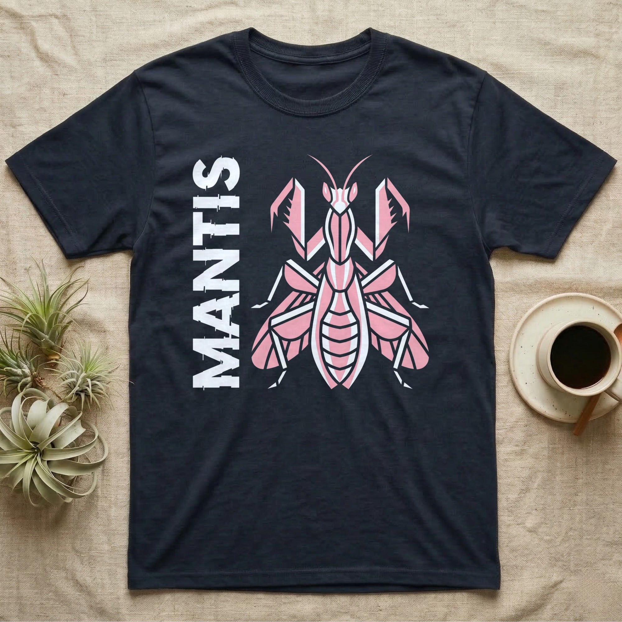 Dark t-shirt with stylized pink praying mantis graphic and "MANTIS" text.