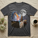 Dark gray t-shirt featuring cats shooting lasers and fire, with a moon overhead.