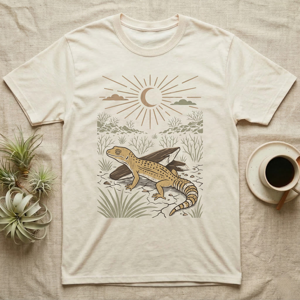Leopard Gecko Home Range T-Shirt in Natural — Woodcut-style illustration of a leopard gecko standing on cracked earth beside flat stones with thorn scrub behind, no on-shirt text.