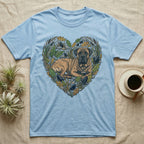 Mastiff dog art in heart shape on light blue t-shirt.