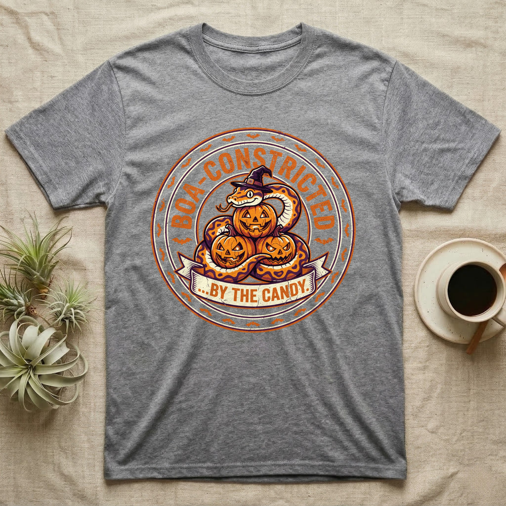Ball Python Boa-Constricted Candy T-Shirt in Sport Grey — Distressed badge of a witch-hatted ball python on three jack-o'-lanterns, "Boa-Constricted by the Candy."