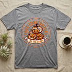 Ball Python Boa-Constricted Candy T-Shirt in Sport Grey — Distressed badge of a witch-hatted ball python on three jack-o'-lanterns, "Boa-Constricted by the Candy."