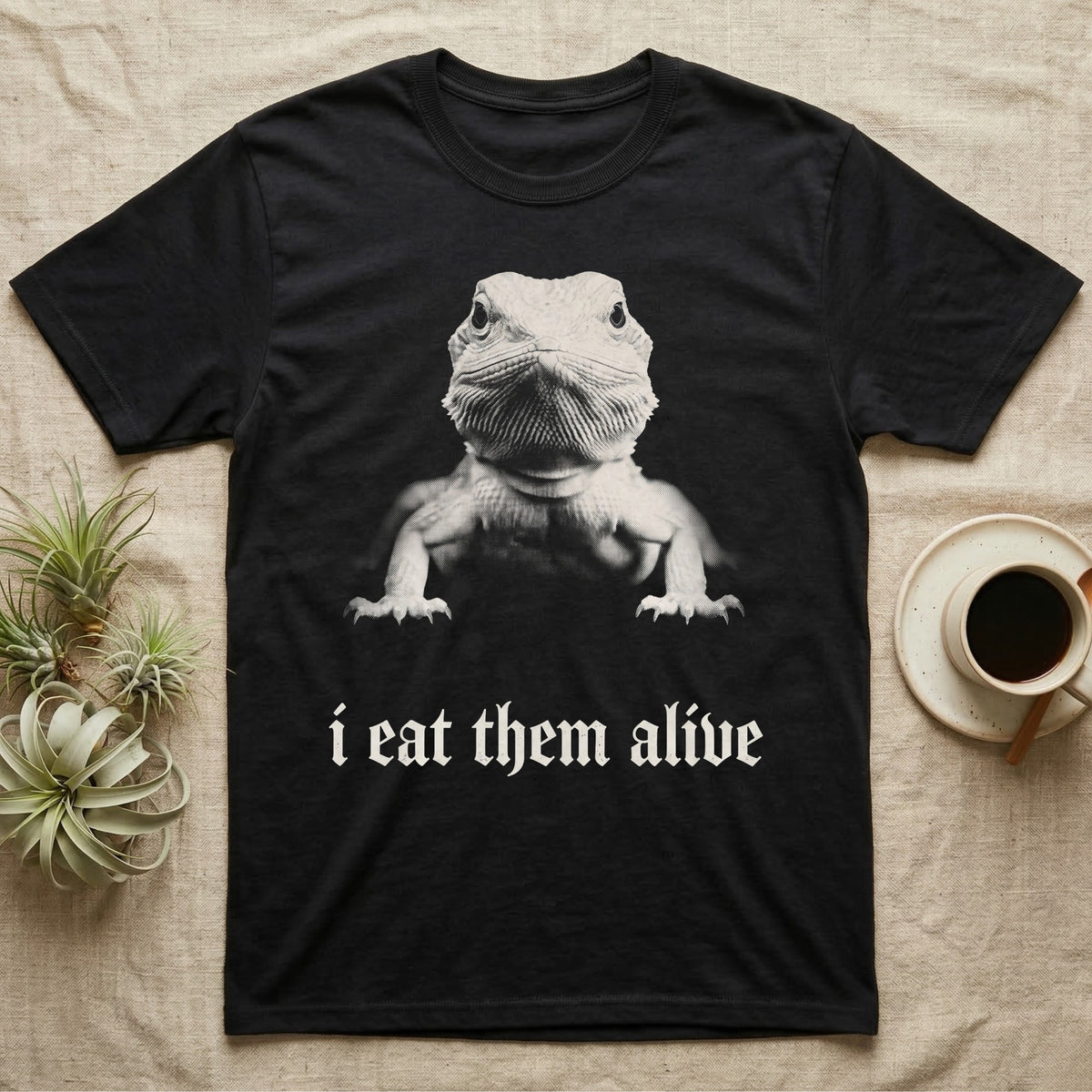 Bearded Dragon Photo T-Shirt in Black — Black-and-white photo of a baby bearded dragon facing forward above the blackletter line i eat them alive