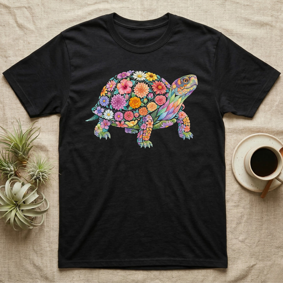 Box Turtle Mosaic T-Shirt in Black — An eastern box turtle on a rising diagonal, its domed shell and legs built from painted watercolour flowers and leaves.