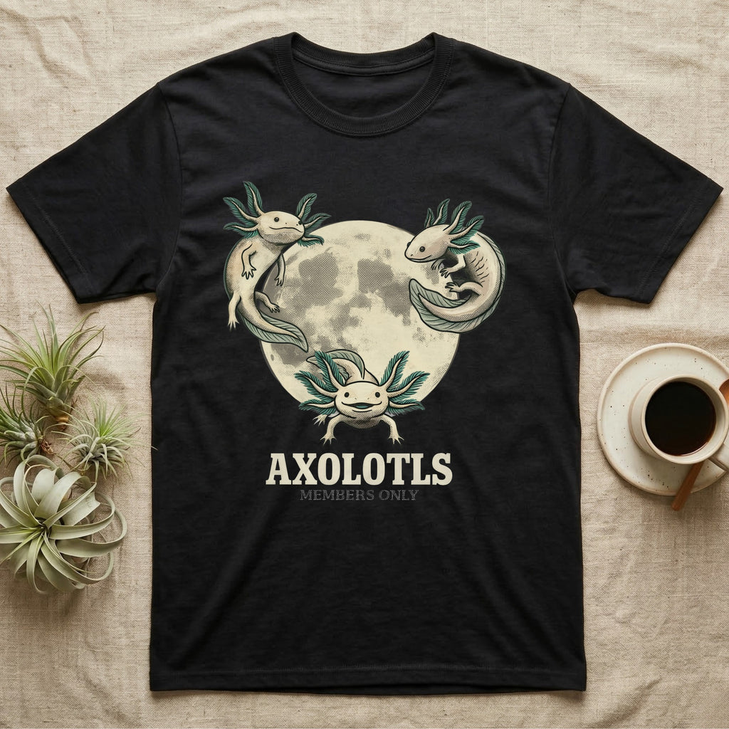Three Axolotl Moon Tee in Black — Retro-illustration of three smiling axolotls with feathery gill plumes arranged around a stratified halftone full moon.