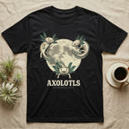 Three Axolotl Moon Tee in Black — Retro-illustration of three smiling axolotls with feathery gill plumes arranged around a stratified halftone full moon.