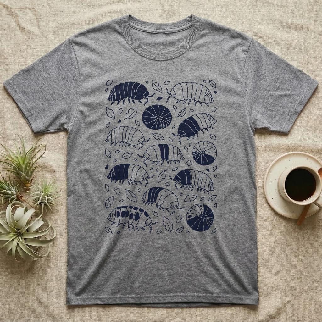 Cubaris Isopod Morph Collection T-Shirt in Sport Grey — Deep navy single-ink illustration of Cubaris isopods in varied morph patterns scattered across leaf litter.