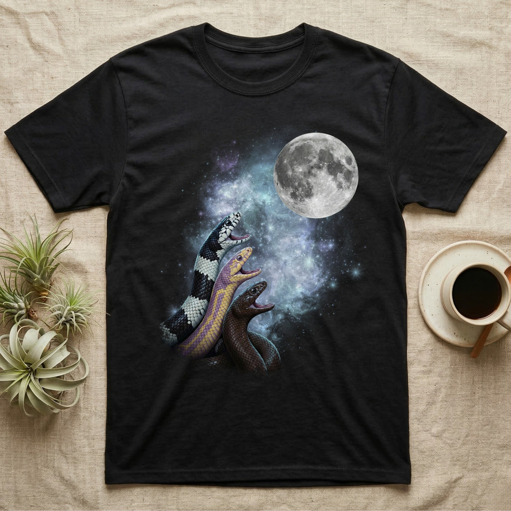 California Kingsnake Moon Howl T-Shirt in Black — Three California Kingsnake colour morphs howling at a full moon over a nebula on a dark grey t-shirt.