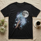 California Kingsnake Moon Howl T-Shirt in Black — Three California Kingsnake colour morphs howling at a full moon over a nebula on a dark grey t-shirt.