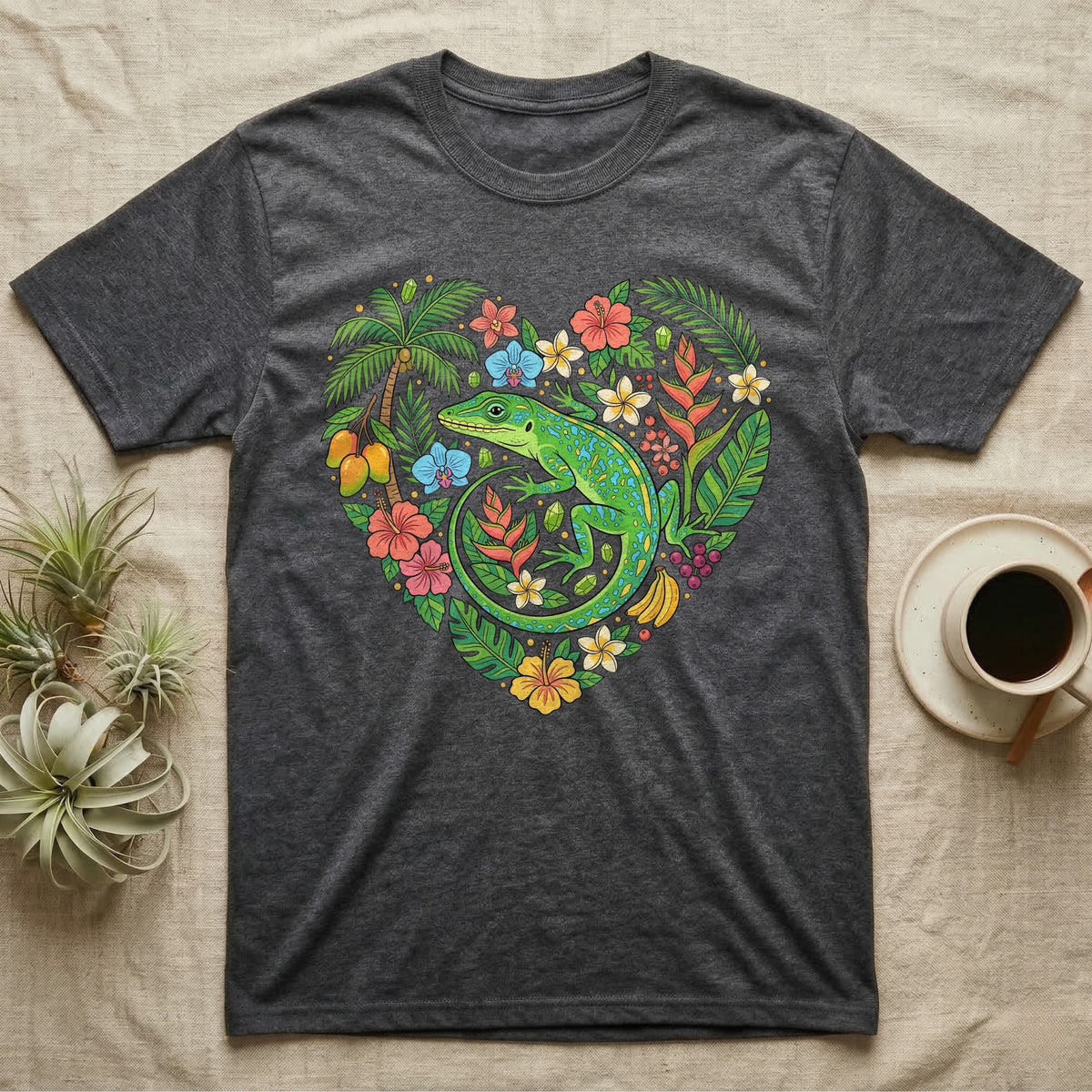 Dark gray t-shirt with a heart-shaped tropical design featuring a lizard.