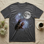 Red-Eyed Crocodile Skink Moon Howl T-Shirt in Dark Heather — Three Red-Eyed Crocodile Skink colour morphs howling at a full moon over a nebula on a dark grey t-shirt.