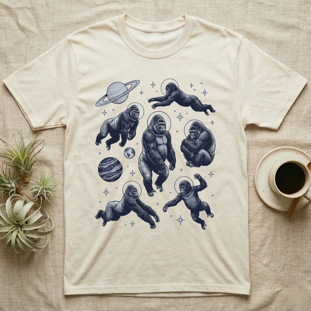 T-shirt with cartoon gorillas in space, planets, and stars.