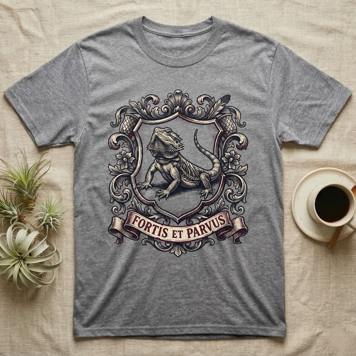 Bearded Dragon Heraldry T-Shirt in Sport Grey — Engraved heraldic crest of a bearded dragon posed as a regal dragon on a shield with a ribbon banner.
