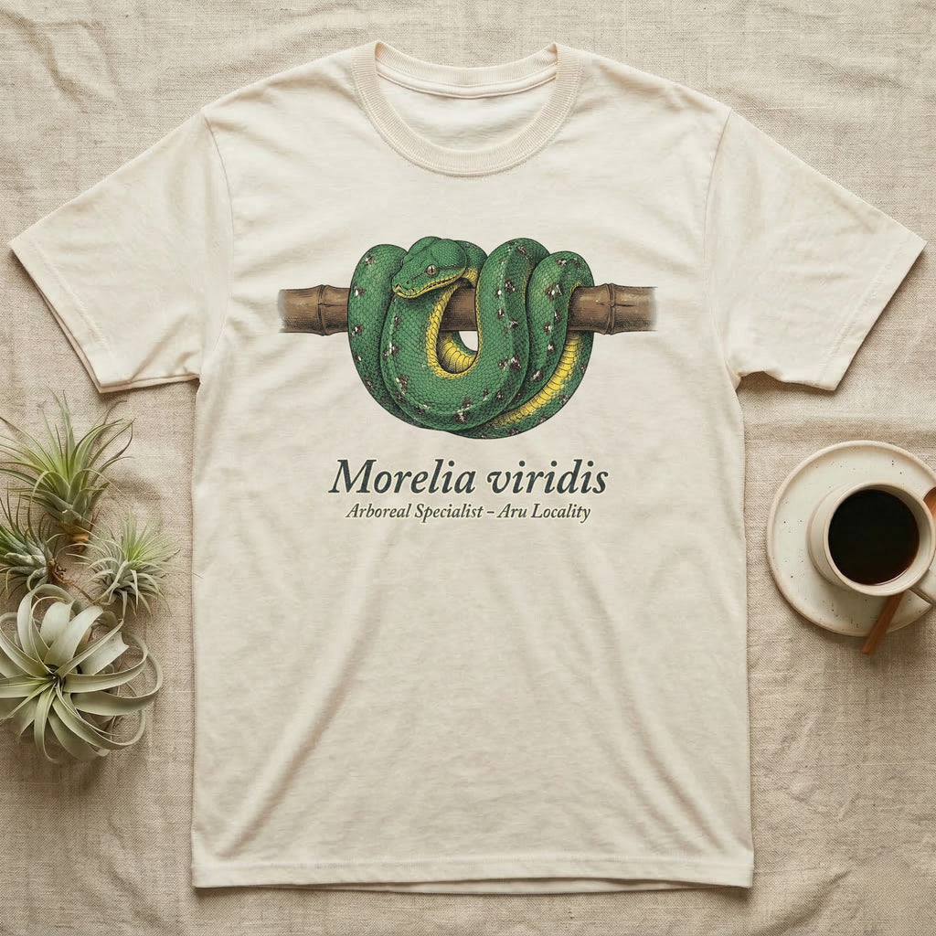 Green tree python coiled on a branch, with scientific name Morelia viridis.