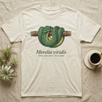 Green tree python coiled on a branch, with scientific name Morelia viridis.