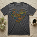 Dark grey t-shirt featuring a colorful heart-shaped design of a turtle and aquatic plants.