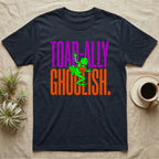 Tree Frog Toad-ally Ghoulish T-Shirt in Navy — Neon green tree frog with a pumpkin pail clinging across stacked text, "Toad-ally Ghoulish."
