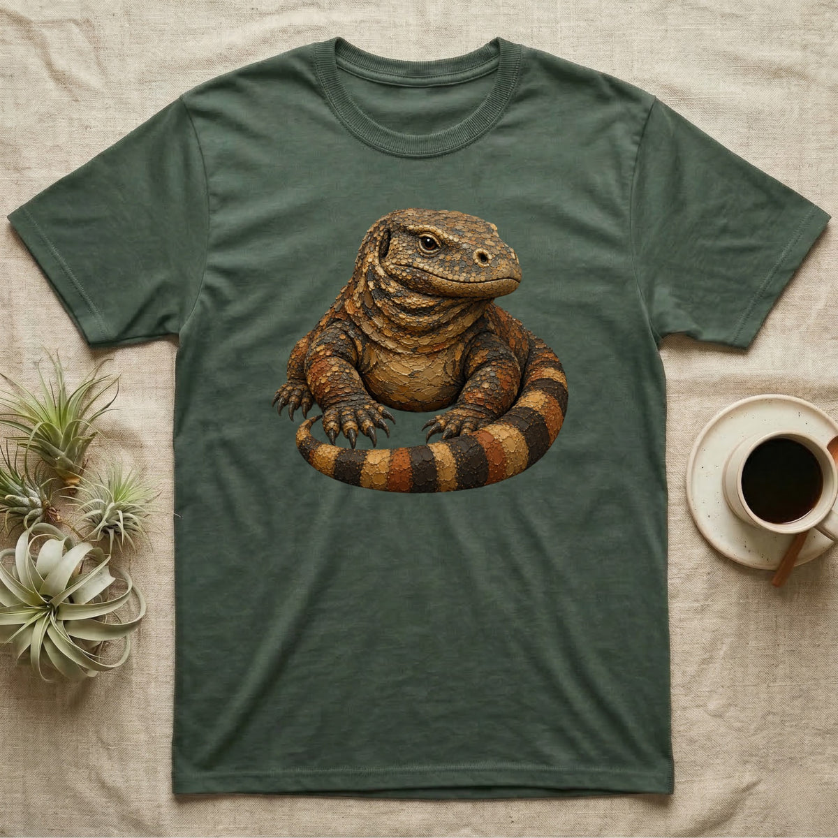 Green t-shirt with a lizard illustration, top-down view.