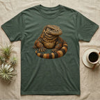 Green t-shirt with a lizard illustration, top-down view.