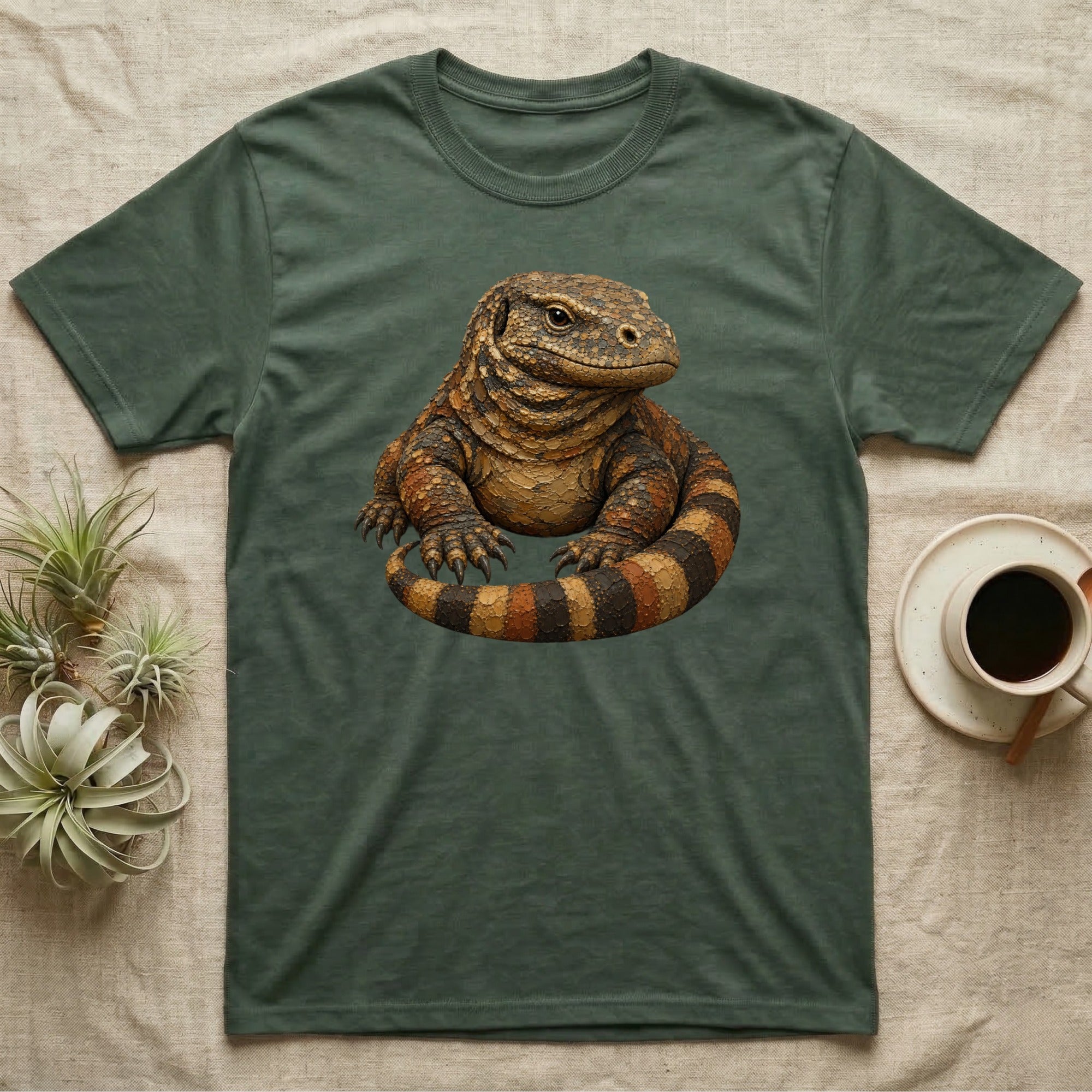 Green t-shirt with a lizard illustration, top-down view.