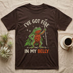 Fire-Bellied Toad Knight T-Shirt in Dark Chocolate — Fire-bellied toad knight with green cape, orange belly and a cricket on a twig spear, lettered I'VE GOT FIRE IN MY BELLY