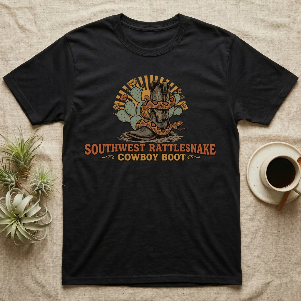 Black t-shirt with Southwest Rattlesnake Cowboy Boot graphic and text.