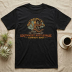 Black t-shirt with Southwest Rattlesnake Cowboy Boot graphic and text.