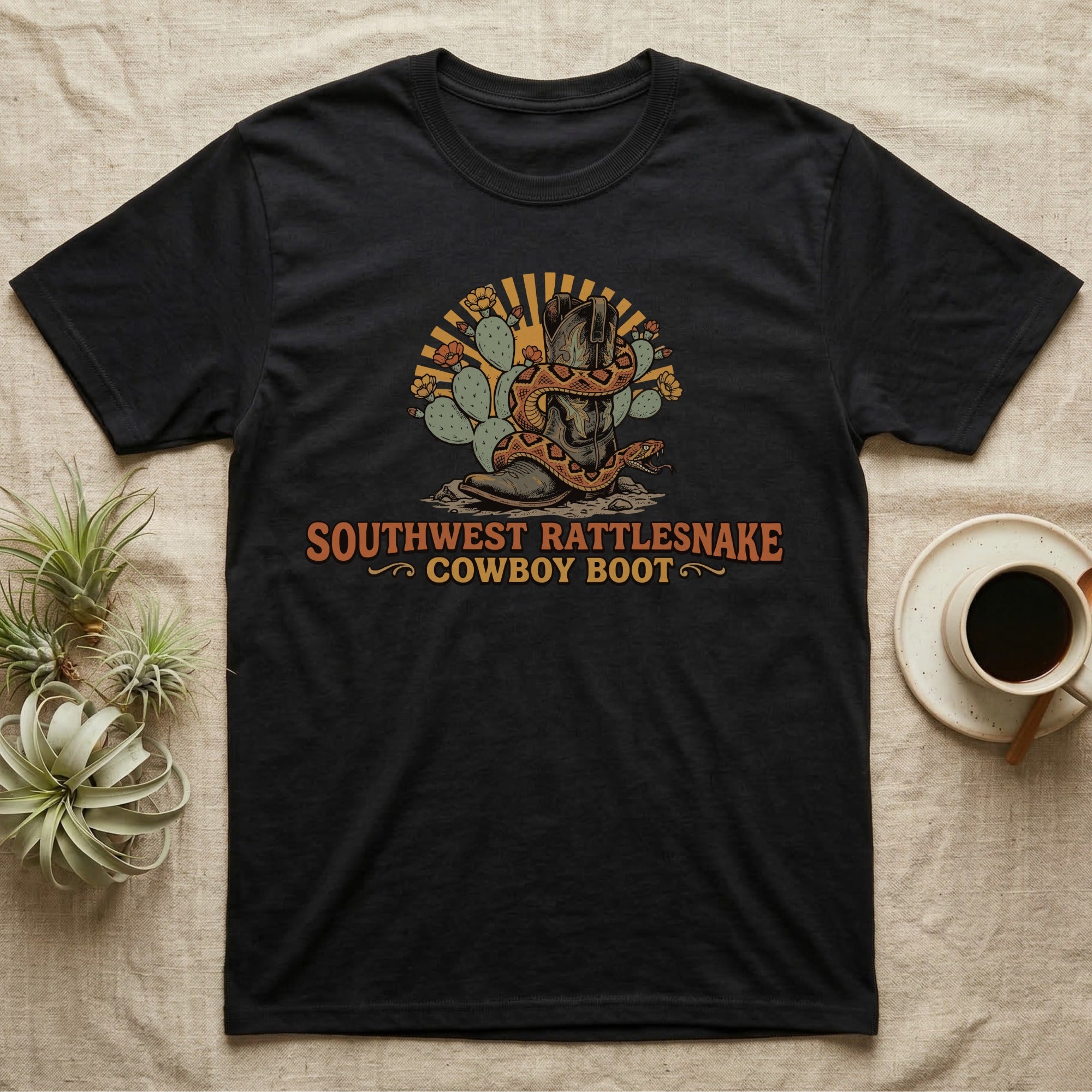 Black t-shirt with Southwest Rattlesnake Cowboy Boot graphic and text.