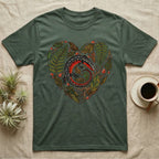 Green t-shirt with heart-shaped botanical design featuring a red and black lizard.