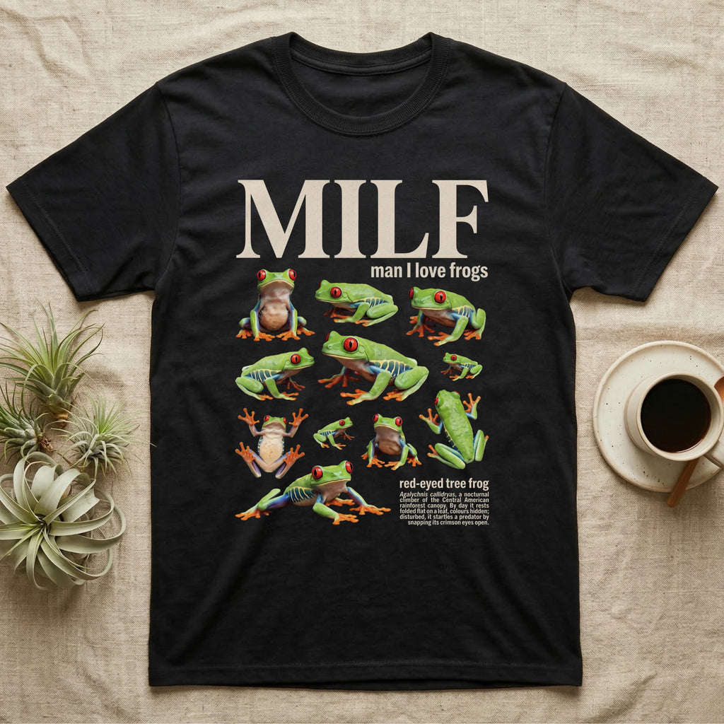 Red-Eyed Tree Frog MILF T-Shirt in Black — Eight red-eyed tree frogs in a cut-out photo collage beneath the huge cream word MILF on grey.