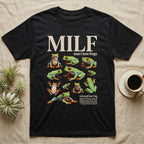 Red-Eyed Tree Frog MILF T-Shirt in Black — Eight red-eyed tree frogs in a cut-out photo collage beneath the huge cream word MILF on grey.