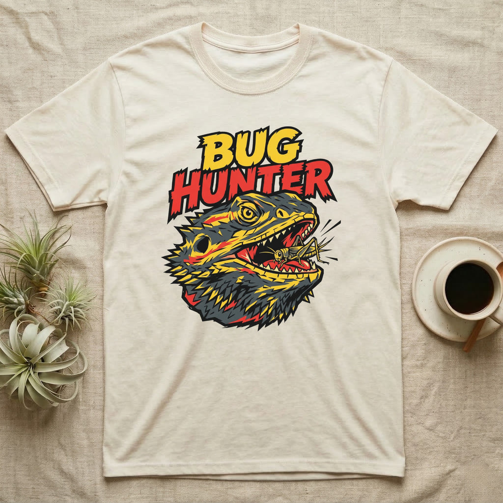 Beige t-shirt featuring a yellow, red, and black lizard with the text "BUG HUNTER".