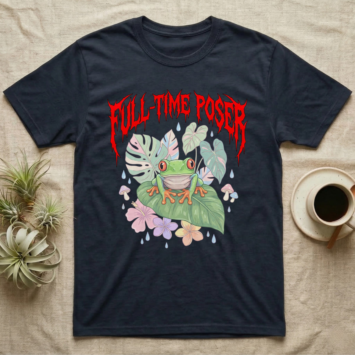 Red-Eyed Tree Frog Feral T-Shirt in Navy — Red-eyed tree frog on a leaf in a pastel jungle scene under a spiky red metal wordmark reading FULL-TIME POSER.