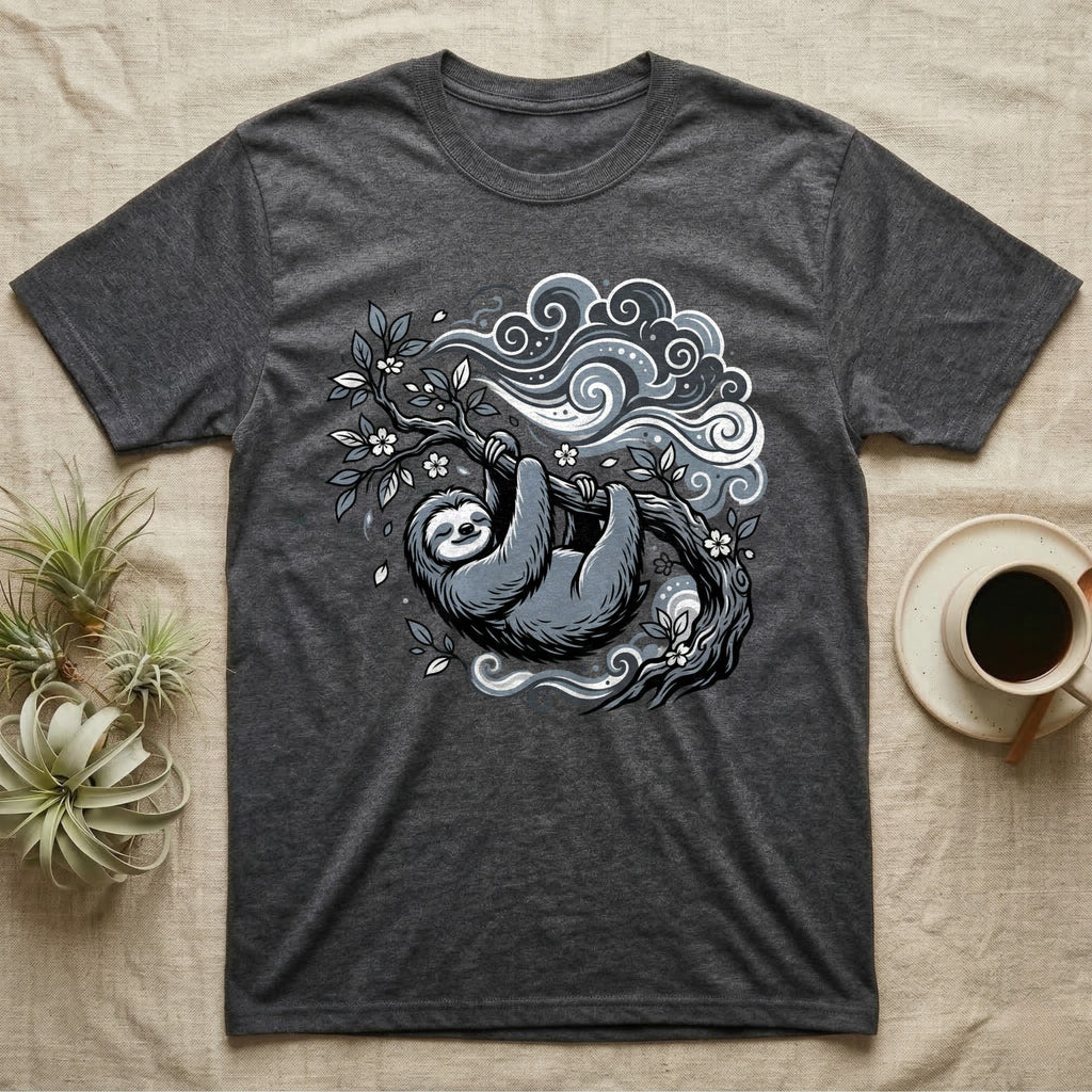 Dark grey t-shirt with a sloth hanging from a tree branch with clouds.