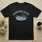 Death Feigning Beetle Probably Alive T-Shirt in Black — Chalk blue beetle lying on its back with legs raised, beneath two arched charcoal capitals reading PROBABLY ALIVE.