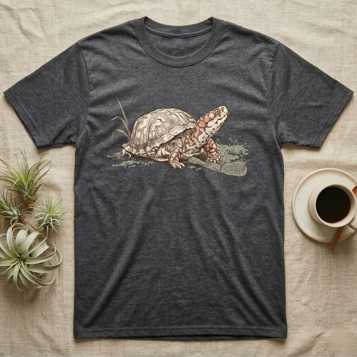 Box Turtle Shell T-Shirt in Dark Heather — Naturalist-plate illustration of a box turtle with its shell shown as living body, above a serif welfare creed caption.