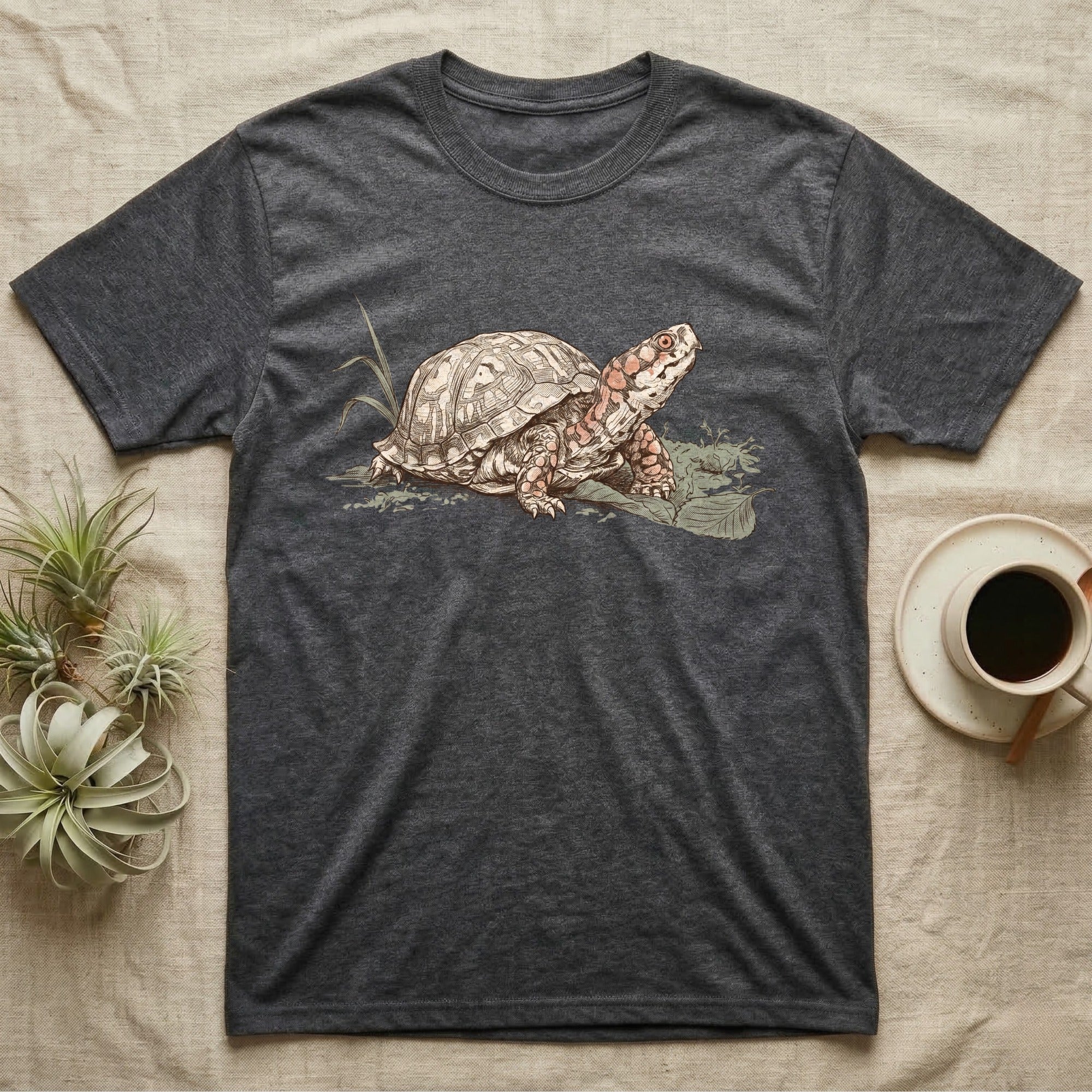 Box Turtle Shell T-Shirt in Dark Heather — Naturalist-plate illustration of a box turtle with its shell shown as living body, above a serif welfare creed caption.