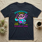 Axolotl Regeneration Rocks T-Shirt in Navy — Neon 90s cartoon pink axolotl in shades flexing under "Regeneration Rocks" lettering.