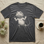 Begging Bearded Dragon T-Shirt in Dark Heather — Sad-meme halftone illustration of a bearded dragon standing upright with arms pressed to unseen glass, looking forlorn.