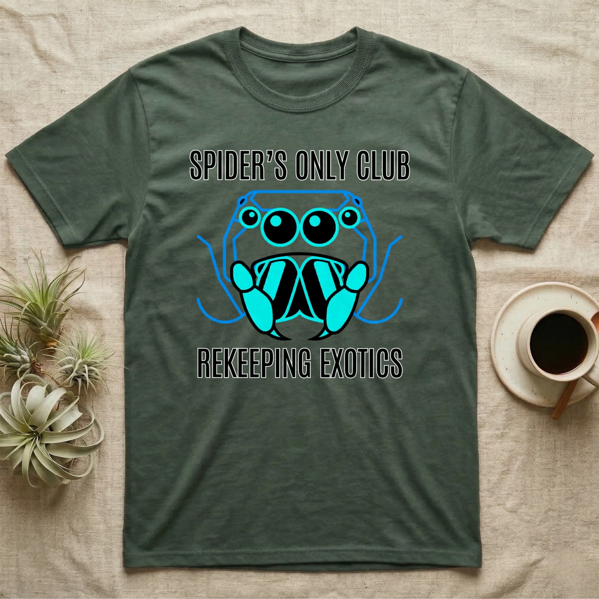 Dark green t-shirt with blue spider graphic and "Spider's Only Club Rekeepling Exotics" text.