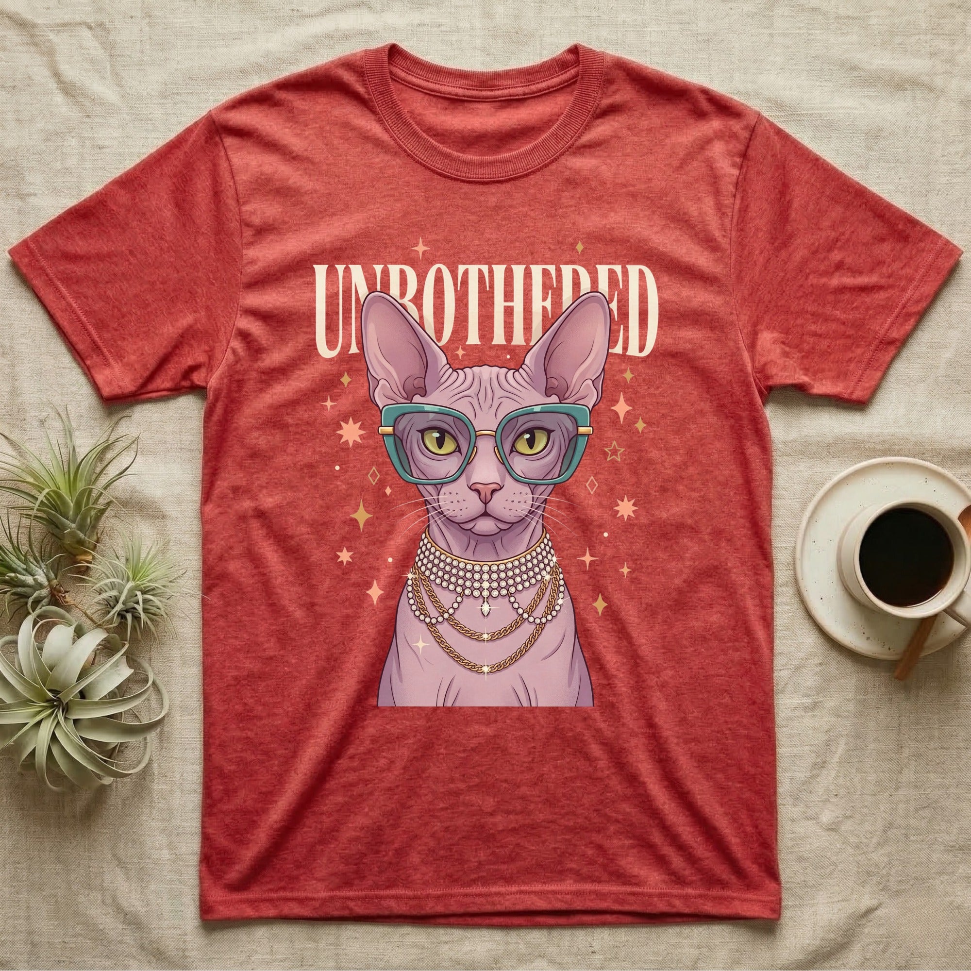 Red t-shirt with a Sphynx cat wearing glasses and jewelry, text "UNBOTHERED".