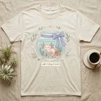 T-shirt featuring a cute cartoon axolotl in a jar with "soft & slimy & sweet" text.