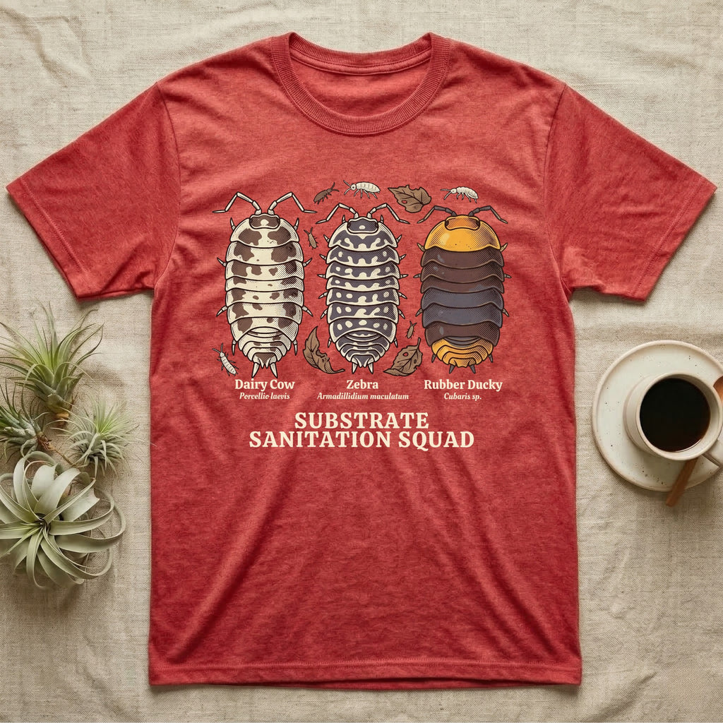 Isopod Substrate Sanitation Squad T-Shirt in Heather Red — Engraved chart of dairy cow, zebra and rubber ducky isopods labelled with their scientific names.