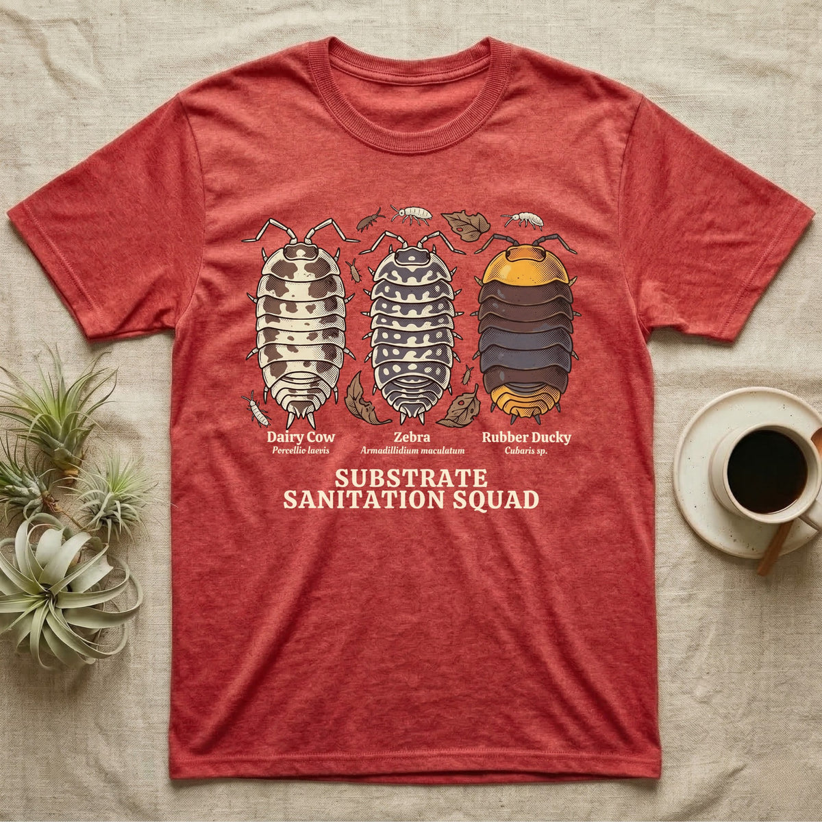 Isopod Substrate Sanitation Squad T-Shirt in Heather Red — Engraved chart of dairy cow, zebra and rubber ducky isopods labelled with their scientific names.