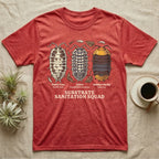 Isopod Substrate Sanitation Squad T-Shirt in Heather Red — Engraved chart of dairy cow, zebra and rubber ducky isopods labelled with their scientific names.