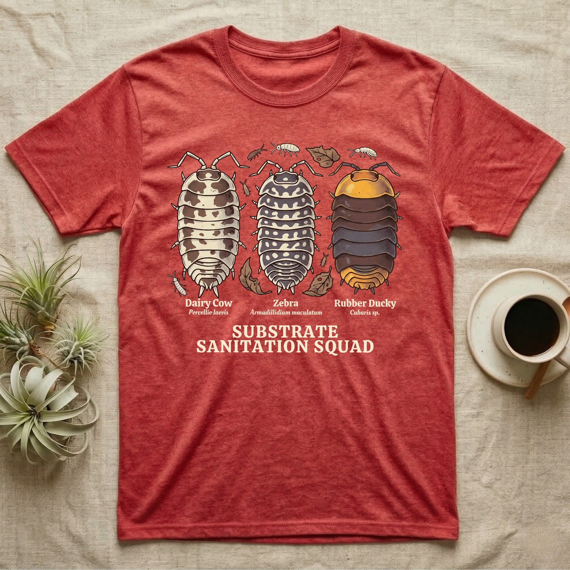 Isopod Substrate Sanitation Squad T-Shirt in Heather Red — Engraved chart of dairy cow, zebra and rubber ducky isopods labelled with their scientific names.